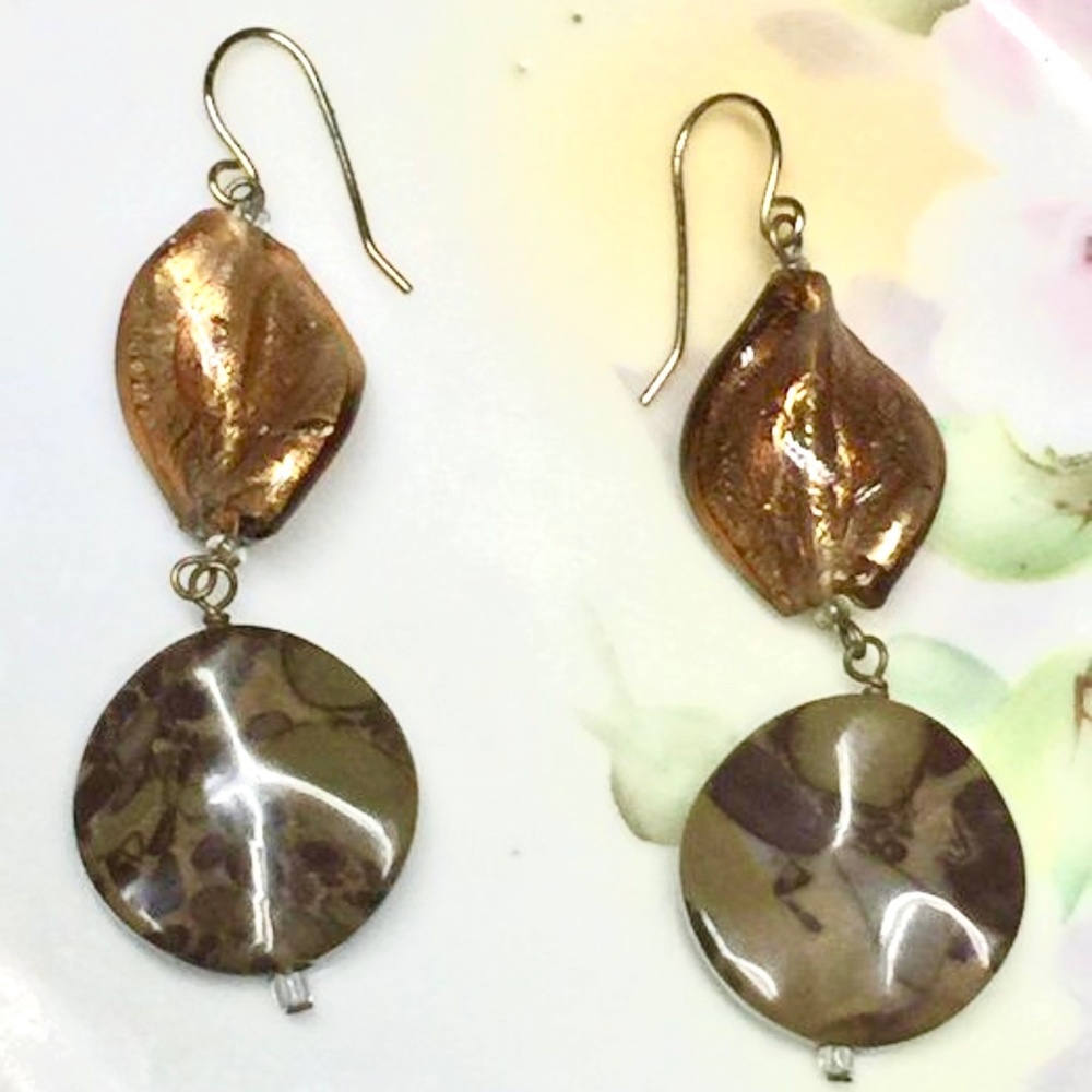 3/$40 Gold Metallic Brown Marbled Plastic Beads Long Dangling Pierced Earrings